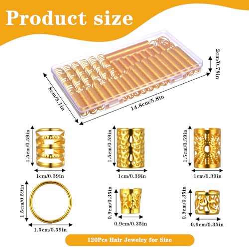 120pcs Gold Hair Jewelry Accessories Gold Hair Cuffs Charms Rings for Braids Adjustable Loc Jewelry Dreadlocks Braid Clips Decorations for Black Women Men Festival Pirate