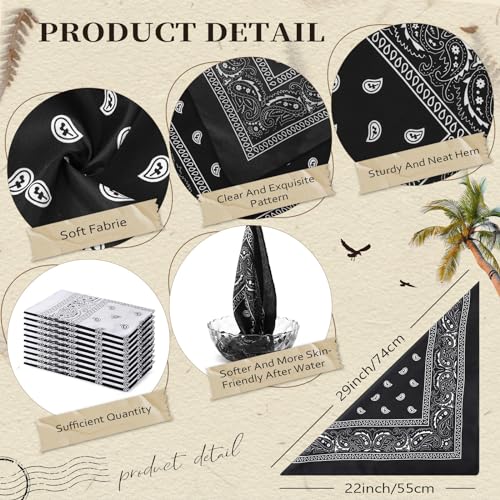 Suhine 24 Pcs Bandanas Bulk for Women Men 22 x 22 Inch Paisley Outdoor Headband Cowboy Handkerchief Summer - color: Black, White