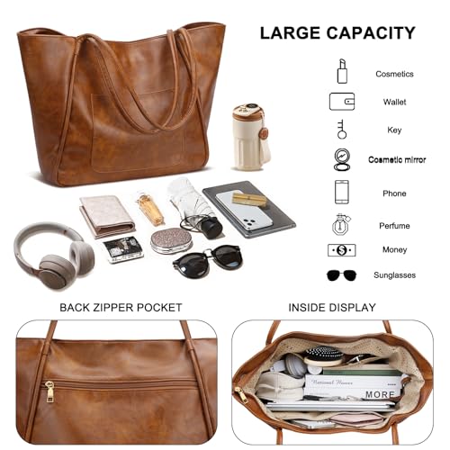 KKXIU Large Tote Bag for Women with Zipper Work Leather Travel Purse and Handbags - color: Dark Brown