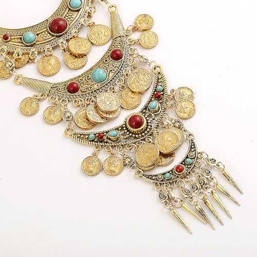 Bethynas Bohemian Ethnic Tribal Chunky Necklace Multilayer Long Tassel Turquoise Statement Neck Chain Retro Coin Gemstone Exaggerated Costume Accessories for Women - color: A-Gold
