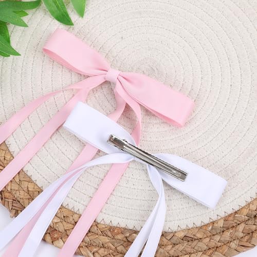 WORTL Hair Bows Clips Coquette Ribbon Bowknot with Long Tail Princess Hair Bows French Barrettes Hair Accessories for Women Girls 16PCS (Pink, White) - color: Pink, White