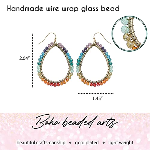 Bohemian Boho Teardrop Dangle Drop Earrings for Women – Delicate - Handcrafted Wire Wrapped Colorful Faceted Glass Beads – Gold Plated – with Gift Box Included - color: Rainbow Multi