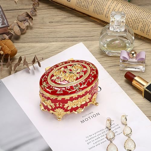 Hipiwe Oval Jewelry Box Classic Metal Trinket Organizer Ring Storage Box with Rose Pattern Jewelry Storage Box for Ring Earrings Necklace, Gift for Women, Red - color: Red