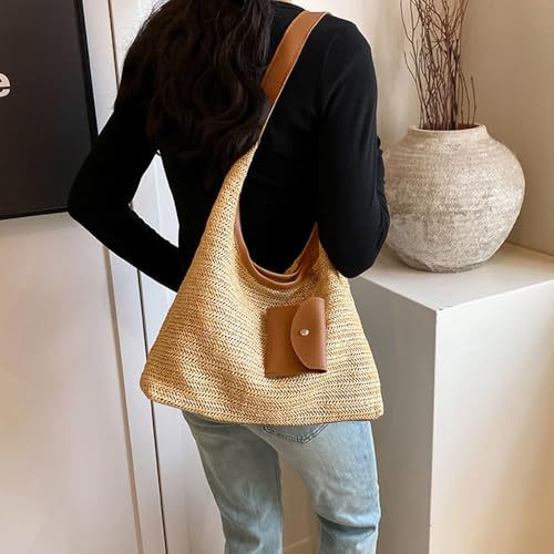 Women's Woven Beach Shoulder Handbag Colorful Straw Tote Bag Summer Vacation Crossbody Bag - color: 3016brown