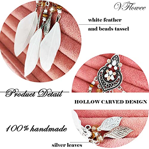 Bohemian Earrings Feather Tassel Silver Ethnic Retro Boho Dangle Earring Bead Women Jewelry for Birthday Party Gifts (White) - color: White