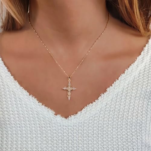 14K Gold Plated Cross Pendant Necklaces for Women Trendy, Dainty Choker CZ Cross Necklace Non Tarnish,Simple Tiny Cross Necklace for Jewelry Gifts - style: Flower-Gold