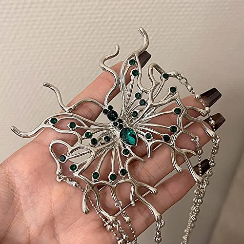 Jumwrit Silver Rhinestone Hair Clip Semi Circle Hair Barrette Long Beaded Chain Tassel Ponytail Holder Clip Boho Big Spider Hair Clip Bling Hair Accessories for Women Girls