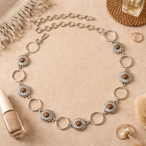 Women's Concho Chain Belt – Adjustable Western Waist Belt for Cowgirl, Festival & Boho Outfits - color: Silver With Tiger's Eye Brown, size: Small-Medium
