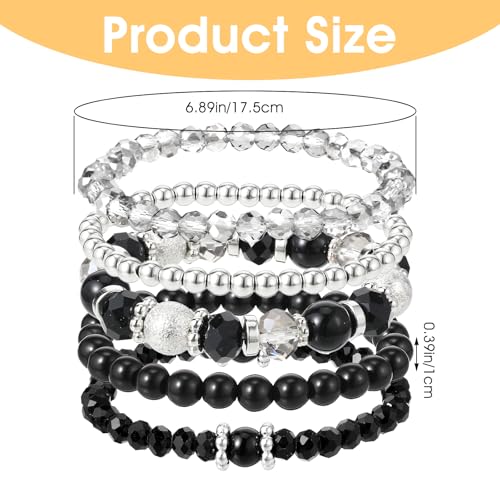 5PCS Beaded Stretch Bracelet Stackable Stylish Beaded Bracelets for Women Crystal Bead Boho Stretch Layering Stone Bracelets Trendy Costume Jewelry Gift Multilayered Disco Ball Faceted Bracelet - color: Black, Silver