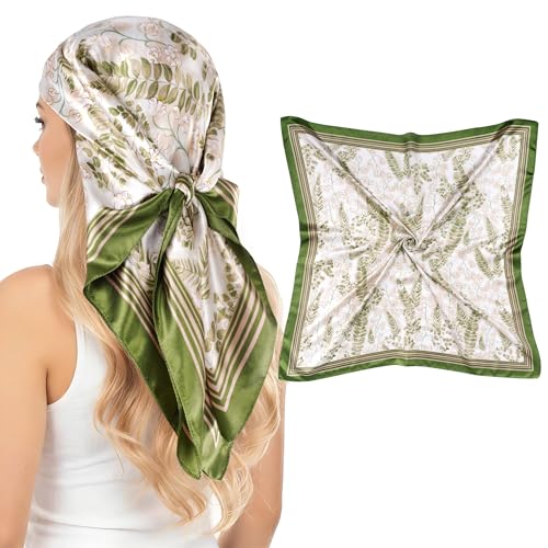 Pistha Head Scarf Bandana for Women, Satin Scarf for Hair, Large Square Silk Bandana Headscarf for Women and Men 35 Inch - style: Flower-light Green