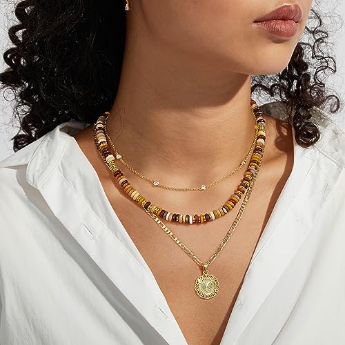 KissYan Boho Beaded Choker Necklace for Women, Gemstone Choker Natural Stone Freshwater Pearl Surfer Necklaces 14K Gold Plated Summer Beach Handmade Jewelry - color: H-Tiger Eye