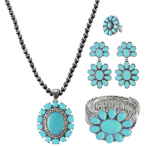 4 PCS Western Turquoise Jewelry for Women Boho Vintage Navajo Pearl Necklace Earring Bracelet Ring Set Country Cowgirl Accessories for Gift - color: A-Blue