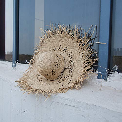 Sun Hat Women Raffia Straw for Sun Hat Big Brim Floppy Fringe Hollow Sunscreen Bucket