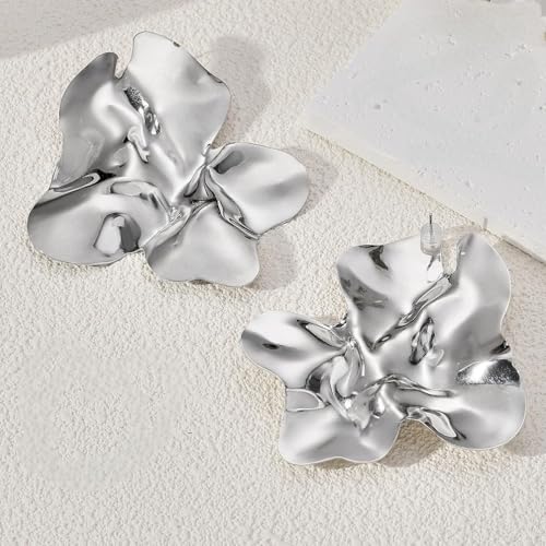 Statement Chunky Gold Large Silver Earrings for Women Trendy, Big Irregular Geometric Dainty Liquid Metal Stud Earrings Simple Prom Party Jewelry Gift - color: Silver -Large