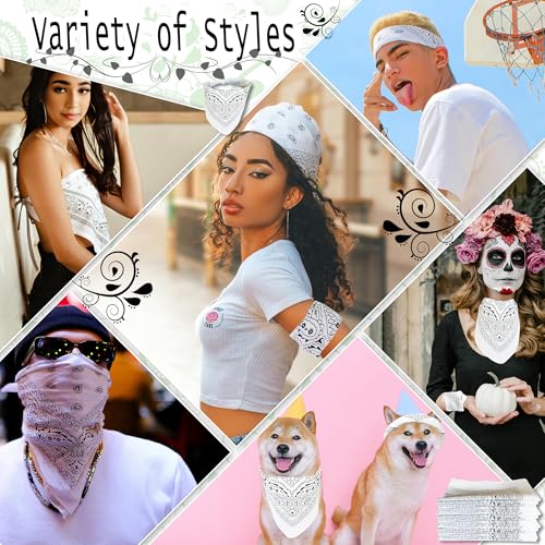 ILHSTY 60 Pcs Women Men Paisley Bandanas Bulk Unisex Bandanas Head Cowboy Scarf Necktie handkerchief Party Supplies - color: White