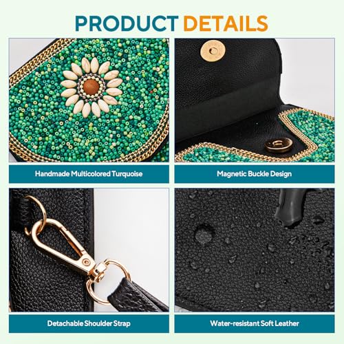 Small Beaded Crossbody Bag for Women, Boho Cell Phone Shoulder Purse Wallet with Handcrafted Colorful Beads - color: Gemstone-green