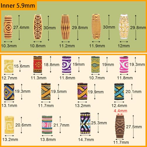 CooBigo 30pcs Hair Beads for Braids, 18 Plastic + 12 Fabric African Hair Dreadlock Beads Loc Hair Jewelry Imitation Wood Tube for Women Men Dreadlock Accessories Necklace Bag DIY Crafts - color: 18 Styles Total of 30pcs