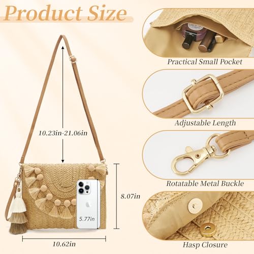 Small Straw Purse for Women Summer Clutch Purses Beach Woven Envelope Bag Raffia Shoulder,Straw Crossbody Bag boho - color: Bobbles Brown