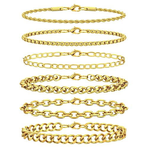 6PCS Stainless Steel Bracelets for Men Women, Silver Gold Black Cuban Link Rope Box Wheat Chain Paperclip Figaro Jewelry Set, 7/8/9 Inches - color: Gold, size: 7 inches
