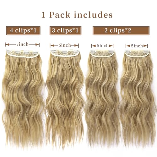 Blonde Hair Extensions Long Wavy 20 Inch 4pcs Clip in Synthetic Hair Extensions for Women Double Weft Extensions (Ombre Ash Brown to Bleach Blonde, 8AH613#) - color: 8AH613-Ombre Ash Brown to Bleach Blonde
