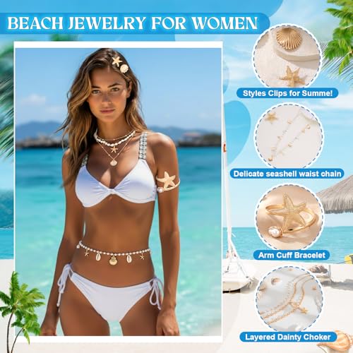 Tondiamo 7pcs Beach Jewelry Set for Women, Gold Starfish Seashell Waist Body Chain, Hair Clips, Seashell Starfish Necklaces Stackable, Gold Pearl Arm Cuff Bracelet Beach Vacation Mermaid Accessories