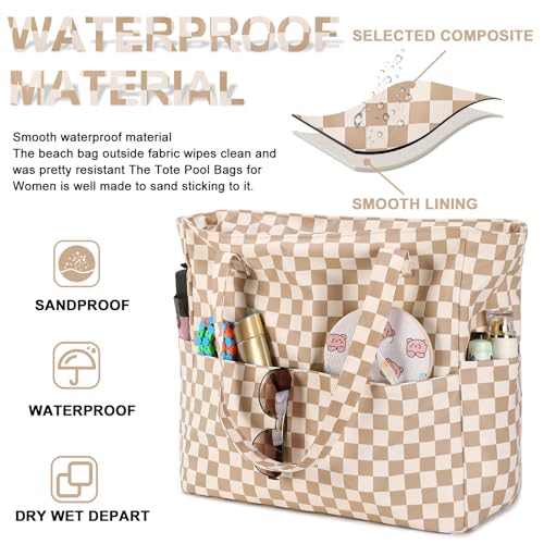 Bluboon Waterproof Beach Tote Pool Bags for Women Ladies Extra Large Carry On Bag With Wet Compartment for Weekender Travel - color: A Checked Brown White