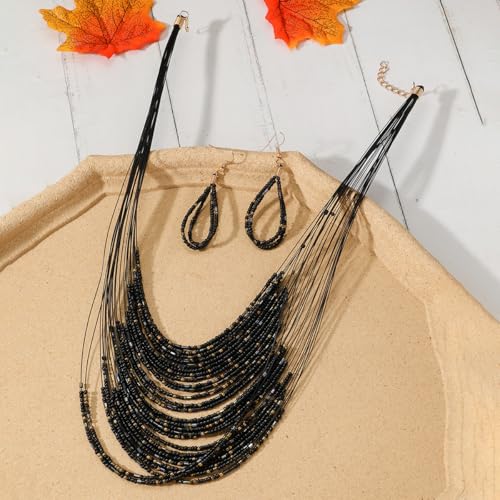 Bohemian Colorful Beaded Earrings Necklace Geometric Teardrop Dangle Earrings Multi-layered Stackable Choker Necklaces Boho Seed Bead Chain Statement Beach Party Accessories - color: Black B