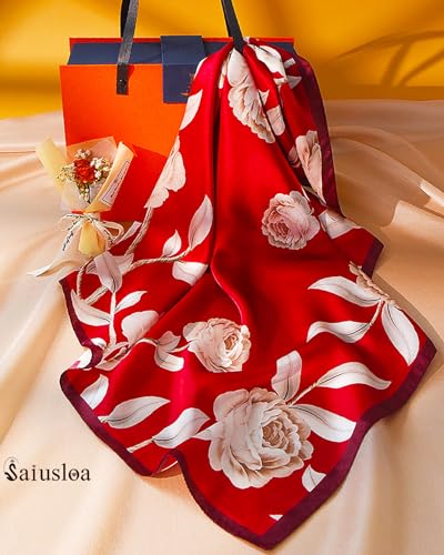 Saiusloa Neck Scarf For Womens Silky Head Scarves Hair Bandanas Square Scarf Fashion Accessories lightweight - color: 1-red Flowers