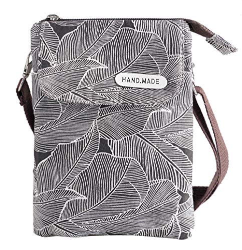 Roomy Cell Phone Purse Wallet Canvas Small Crossbody Purse Bags with Shoulder Strap For Women teen girlsl | Roomy - color: Brown Shoulder Strap Zipper ,Black Leaf Pattern