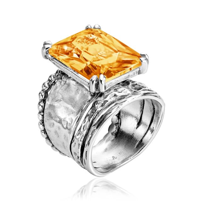 JEAN RACHEL JEWELRY 925 Sterling Silver Ring - Hammered Vintage Design with Octagon Shaped Cubic Zirconia - Hypoallergenic, Lead & Nickel Free - Artisan Handcrafted Statement Rings for Women - color: Citrine CZ