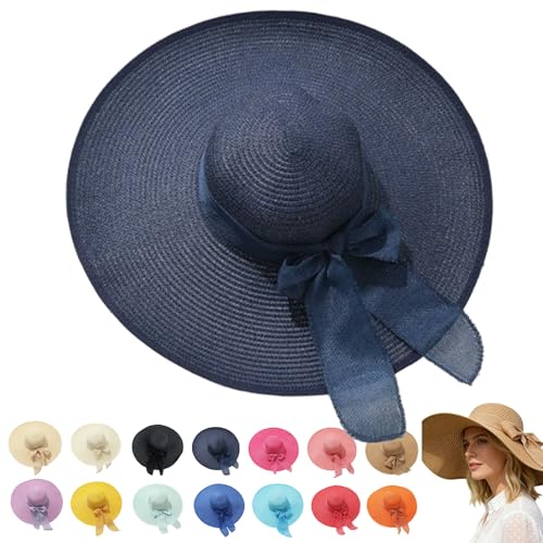 Women’s Straw Sun Hat Wide Brim Packable - Boho Beach Hat for Summer Vacation, Poolside Relaxation and Tropical Travel - color: Navy Blue