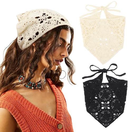 DRESHOW Floral Crochet Hair Bandana Tie Knotted Headscarf Vintage Headband Knitted Head Kerchief for Women Girls - color: 2 Pcs Black + Beige
