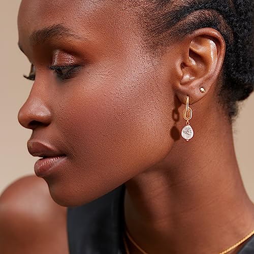 Stud Earrings for Women 14k Gold Plated Geometric Dangle Earrings Lightweight Minimalist Handmade Hammered Texture Oval Disc Drop Double-layer Big Hoop Dangle Earrings for Women - color: Pearl Drop-B