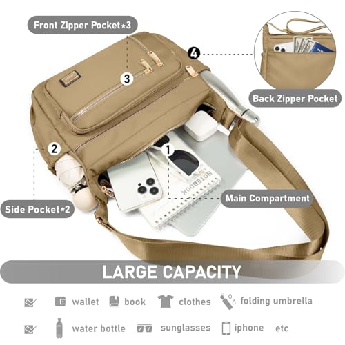 NPBAG Crossbody Bag for Women, Shoulder Purse Handbag Messenger Bag, Trendy Pocketbooks, Waterproof and Multi-Pockets - color: Khaki