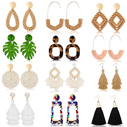 9 Pairs-26 Pairs Rattan Earrings for Women Girls Lightweight Acrylic Geometric Statement Woven Earrings Handmade Straw Wicker Braid Hoop Drop Dangle Earrings - color: green