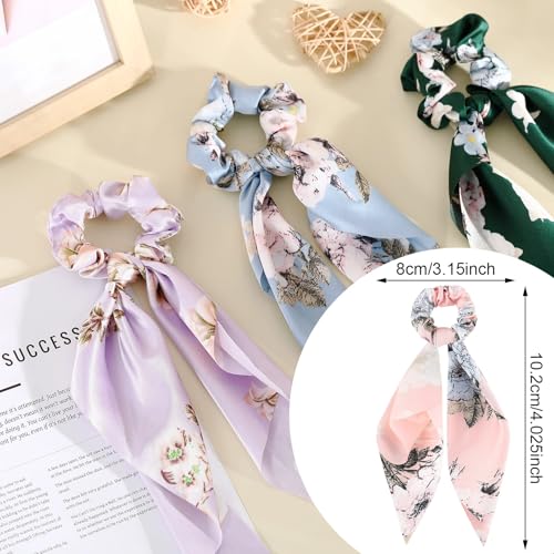 Chuangdi 10 Pcs Hair Scrunchies Hair Scarf with Ribbon Bunny Ears Chiffon Floral Bow Ponytail Holder Boho Elastic Floral Ropes 2 in 1 Vintage Accessories for Women(Bright Flower) - style: Bright Flower