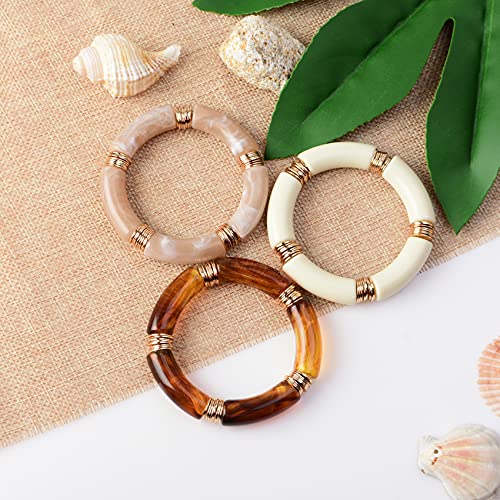 GOOJIDS Simple Beaded Gold Plated Bangles Bracelet Chunky Bamboo Tube Curved Stacking Clear Acrylic Colorful Beads Stretchable Gold Plated Bracelets Set For Women - color: S-Small size Brown 3PCS Set
