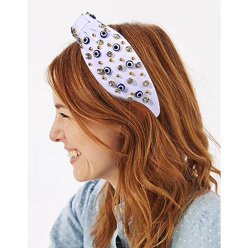 mokkia Knotted Headband for Women Evil Eye Headbands Beaded Rhinestone Crystal Knotted Headbands Sparkly Bejeweled Embellished Top Knot Headband Summer Fashion Hair Accessory (White)