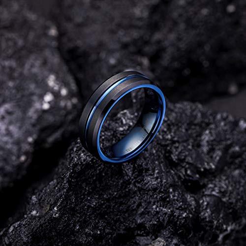 King Will Mens Tungsten Rings for Men Two Tone Grooved Mens Wedding Band Cool - color: Black & Blue 7mm
