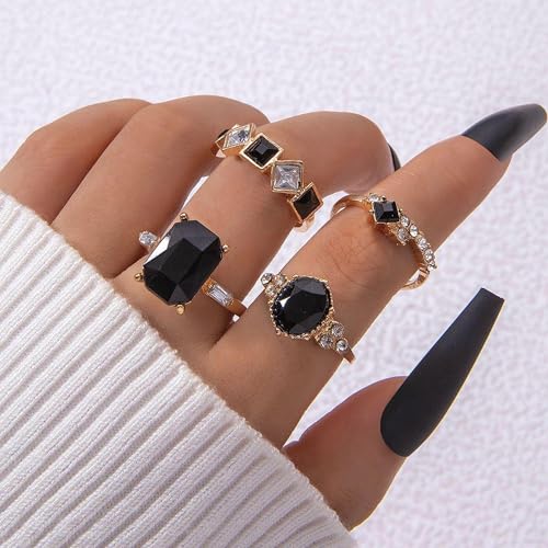 Black Obsidian Ring Stackable Gold Tone Oval Black Stone Statement Ring for Women Party Date Night Jewelry Gift - color: A3:black obsidian rings