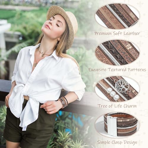 Leather Wrap Bracelet for Women, Boho Cuff Bracelet with Strong Clasp, Multi-Layer Crystal Leather Bracelet for Valentine Mother's Day - color: 02-Tree of Life-Brown