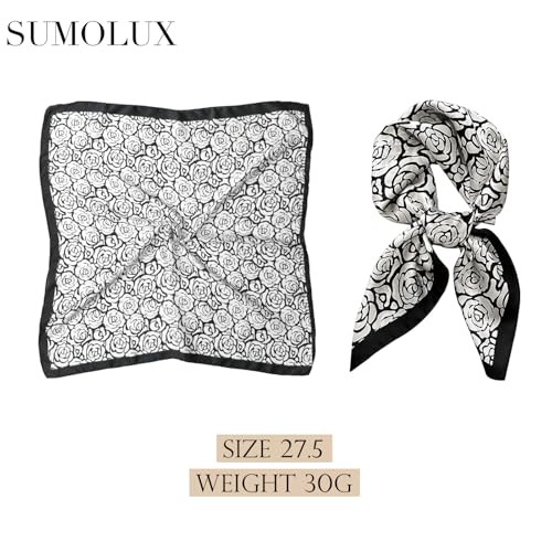 Sumolux Head Hair Scarf for Women Like Satin Silk Scarf Bandana Hair Wrapping Night Large Square Scarves 27.5" - color: Black Camellia