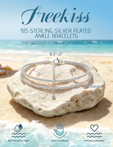 Freekiss Sterling Silver Ankle Bracelets for Women: Dainty Layered Waterproof Anklet for Women Adjustable Womens Anklet Set Stackable Figaro Beaded Cuban Link Anklets Beach Jewelry for Women - color: ANKLET-Single clasp sparkle glitter-SL