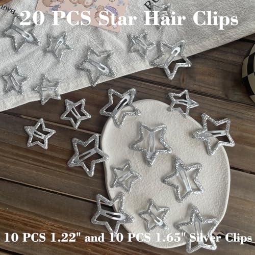 20 PCS Sparkling 1.22" and 1.65"Star Hair Clips Snap Hair Accessories Non Slip Clips for Girls Women Y2K Accessories Silver Metal Hair Clip Hair Barrettes - color: Glitter Silver 1.22" 1.65"（20PCS)