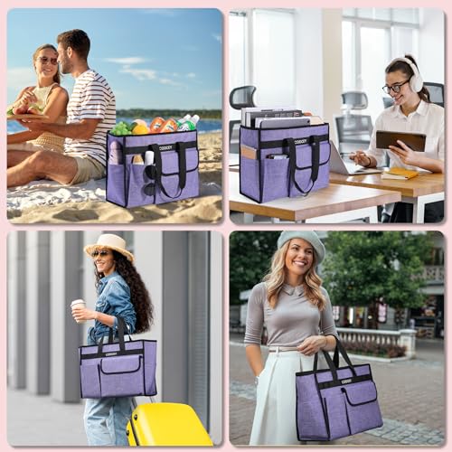Large Utility Tote Bag with Reinforced Bottom, Waterproof Multi Pockets Beach Tote Bag for Travel, Work, School - color: Purple