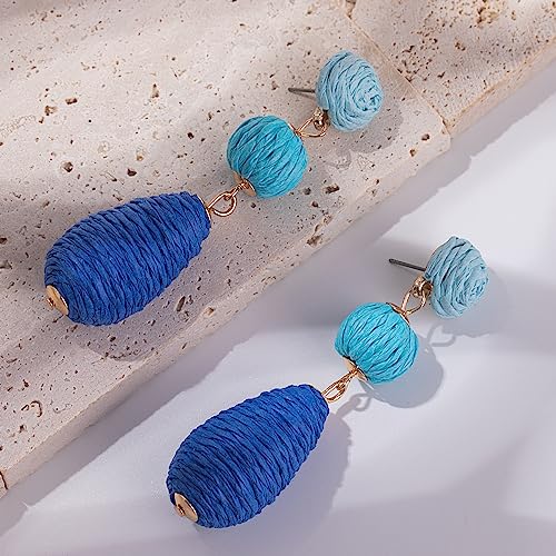 Boho Raffia Earrings Statement Dangle Earrings Cute Teardrop Ball Earrings Colorful Summer Jewelry Handmade Rattan Earrings for Women - color: 3Blue