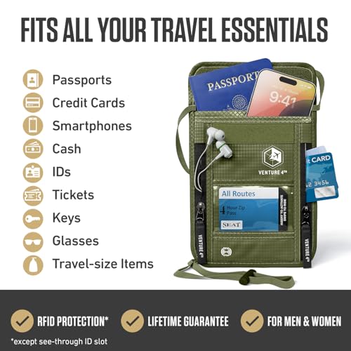 VENTURE 4TH Neck Wallet – RFID Blocking Passport Holder for Travel, Hidden Passport Wallet, Concealed Travel Wallet for Women, Men & Family (Green) - color: Green