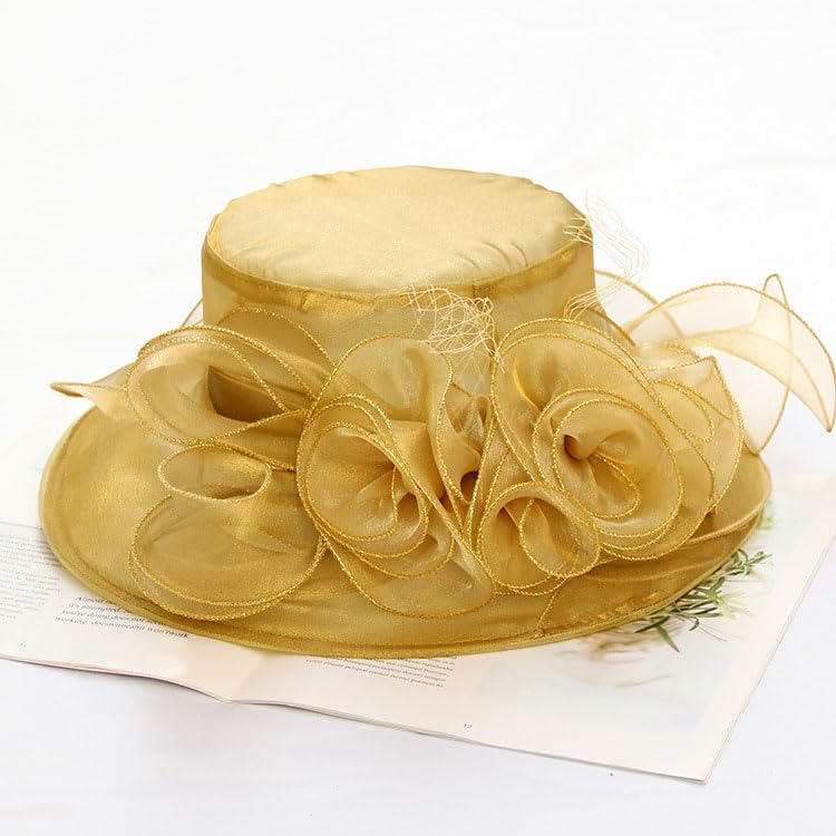 Women's Kentucky Derby Church Dress Hat Wide Brim Leaf Flower Bridal Shower Hat - color: A1 Gold