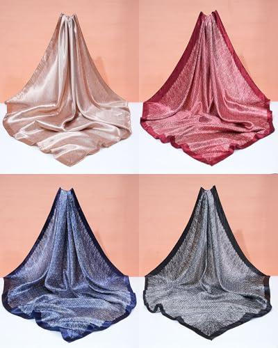Molans 35" Silk Satin Square Head scarves - 4Pcs Large Scarfs Hair Bandana Head Kerchief Neck Scarf Sleeping Wraps for Women - color: Red, Camel, Black, Navy Blue