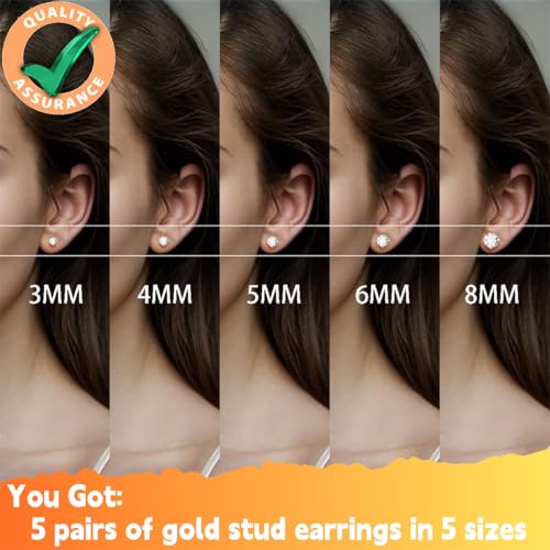 10 Pairs Small Stud Earrings for Women Precision-Cut Cubic Zirconia Earrings for Sensitive Ears Hypoallergenic Surgical Stainless Steel Tiny Stack Earrings for Multiple Piercing - color: Various Sizes-5 Pairs-Gold